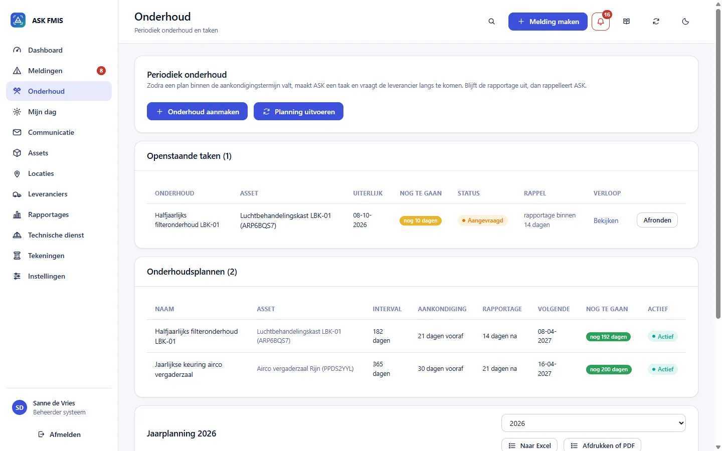 Onderhoud met plannen, taken en de jaarplanning