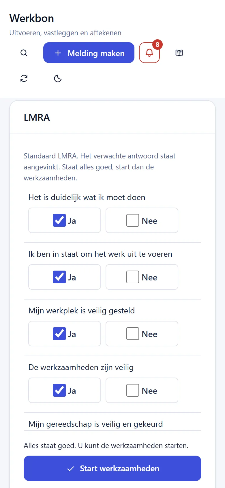 Een werkbon met locatie, melding en LMRA